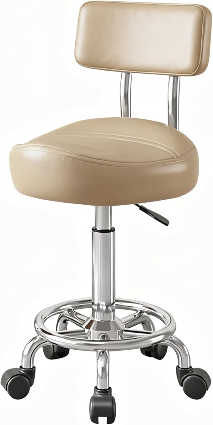 Saddle Stool with Back and Ring Pedal, Adjustable Hydraulic Rolling Chair with Wheels for Salon, Spa, Medical, Massage & Drafting Use Khaki