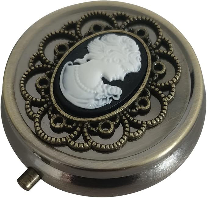 Bronze Pill Organizer, Portable Medicine Box for Pocket or Purse, Decorative Metal Vitamin Holder, Classical Small Pill Container, Unique Creative Gift for Women