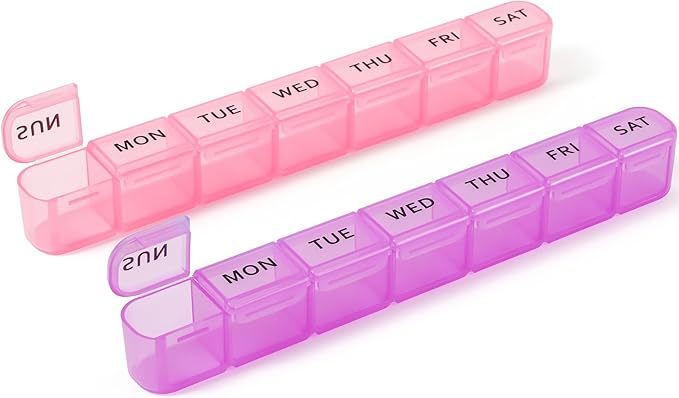 2-Pack Weekly Pill Organizer, 7 Day Large Pill Box with Clear Compartments, BPA-Free Medicine Case, Easy Open & Secure Close, Travel Pill Holder for Vitamins & Supplements - Pink&Purple