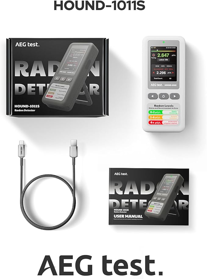 HOUND-1011S Portable Radon Detector, High-Accuracy Sensor for Home, Lightweight, Audible & Visual Alarms, Long-Term Monitoring, Easy-to-Use Radon Tester in pCi/L or Bq/m³ for Basement