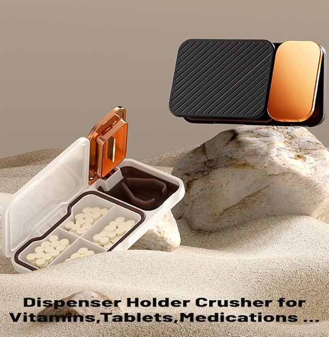 MURRI&MURRDI Pill Organizer with Pill Splitter Cutter, 4 Compartments Small Portable Medicine Case for Purse Pocket, Pill Vitamin Dispenser Holder, White