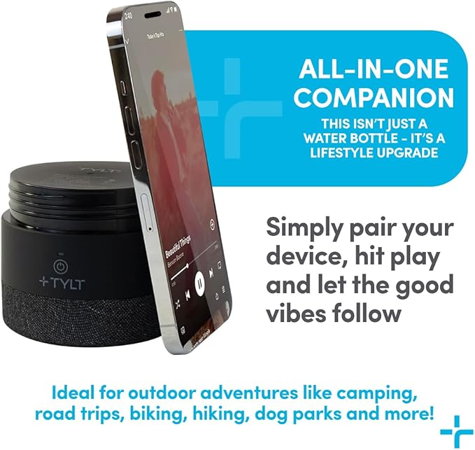 TYLT Smart Water Bottle with Bluetooth Speaker, Wireless Stainless Steel Insulated Travel Tumbler with Flip Straw, Rechargeable, Portable, Double Layered, 24oz (Black)