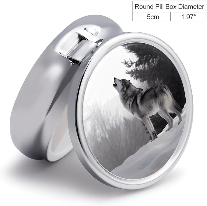 Howling Wolf Pill Box Travel Pill Case for Purse Pocket Weekly Medicine Organizer with Mirror 3 Compartment Round Medicine Case Portable PillcaseHolder for Daily