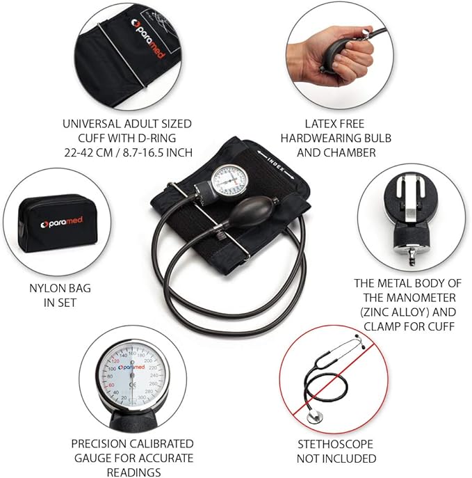 PARAMED Aneroid Sphygmomanometer – Manual Blood Pressure Cuff with Universal Cuff 8.7-16.5" and D-Ring – Carrying Case in the kit – Black – Stethoscope Not Included