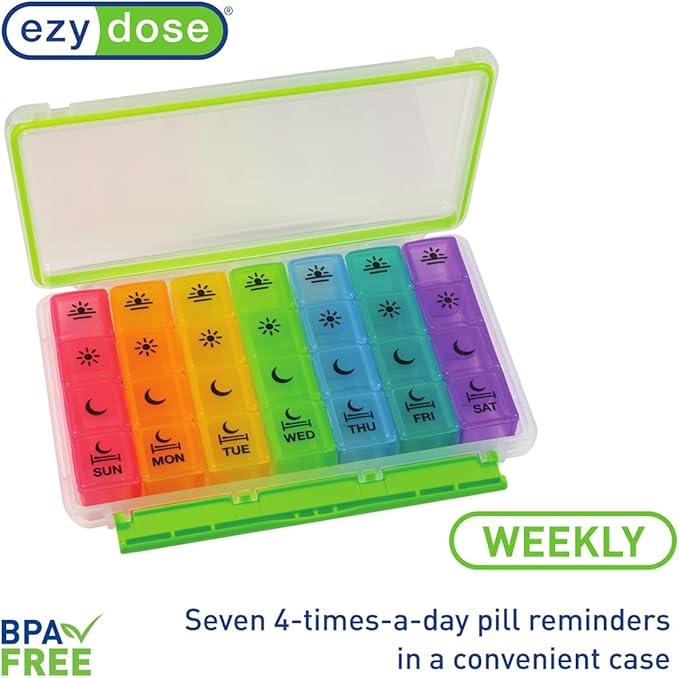 Ezy Dose Weekly (7-Day) Pill Case, Medicine Planner, Vitamin Organizer Box, Convenient and Easy to Use, X-Large Pop-Out Compartments, 4 Times a Day, Rainbow Lids with Case, BPA Free