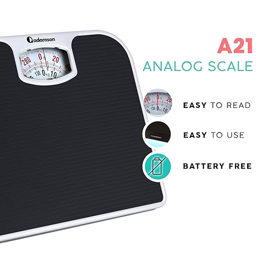 Adamson A21 Analog Scales for Body Weight - Up to 300 LB - New - Anti-Skid Rubber Surface + Large Numbers - Analog Bathroom Scale - Affordable - Durable with 20-Year Assurance - Black