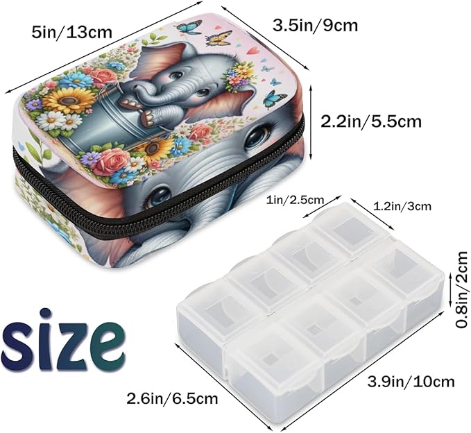 Flower Animal Elephant Travel Pill Organizer Box Weekly Portable Pill Case Daily Pills 7 Day Small Birth Control Pills Container Removable Compartments for Medicine Vitamins Fish Oil