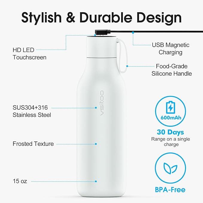 VSITOO 33oz Smart Self-Cleaning Water Bottle，Large Insulated Stainless Steel Bottle with AI Self-Clean, 30-Day Battery & Magnetic Charging for Outdoor Travel, Gym or Office, White