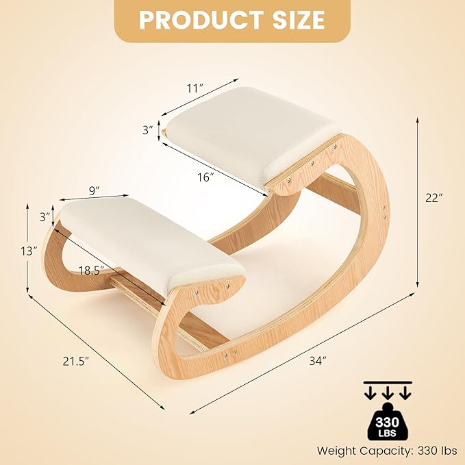 Ergonomic Kneeling Chair, Wooden Posture Chair W/Extra Padding for Back Neck Pain Relief & Improving Posture, Rocking Meditation Stool W/Knee Support for Home Office (Beige)