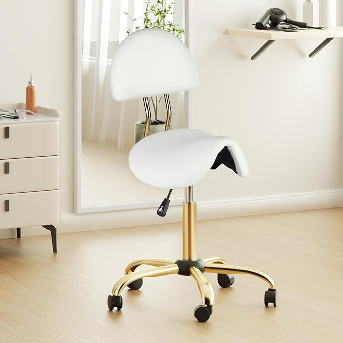 OmySalon Drafting Chair,Ergonomic Saddle Stool with Back Support,Tall Adjustable Rolling Stool with Thick Seat Cushion, Office Computer Chair for Salon Barber Spa Home Bar, White Gold