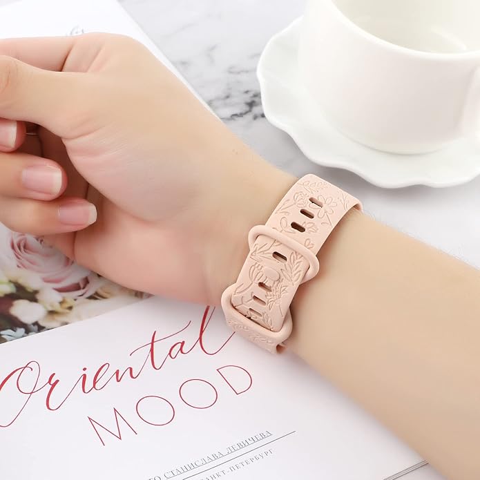 Flower Engraved Bands Compatible with Fitbit Charge 5 Band/Charge 6 Bands Women Cute Floral Engraving Soft Silicone Sport Strap Replacement Wristband for Fitbit Charge 5/6 Tracker Accessories