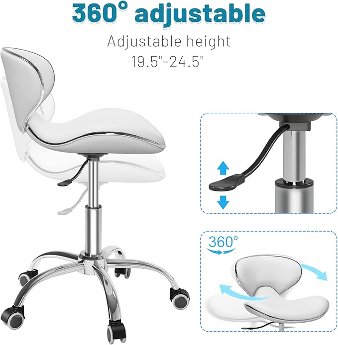 Adjustable Rolling Stool with Backrest,Drafting Spa Bar Medical Salon Tattoo Stool Chair with Wheels 360 Swivel,Heavy Duty,400lbs Weight Capacity,White