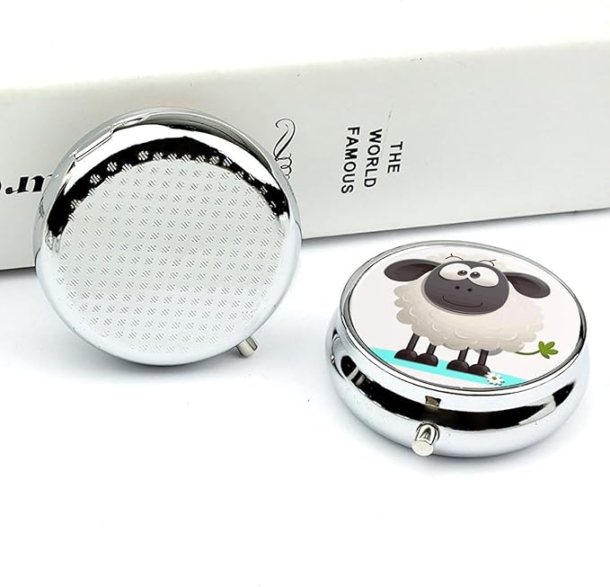 Sheep Pill Box Travel Pill Case for Purse Pocket Weekly Medicine Organizer with Mirror 3 Compartment Round Medicine Case Portable PillcaseHolder for Daily