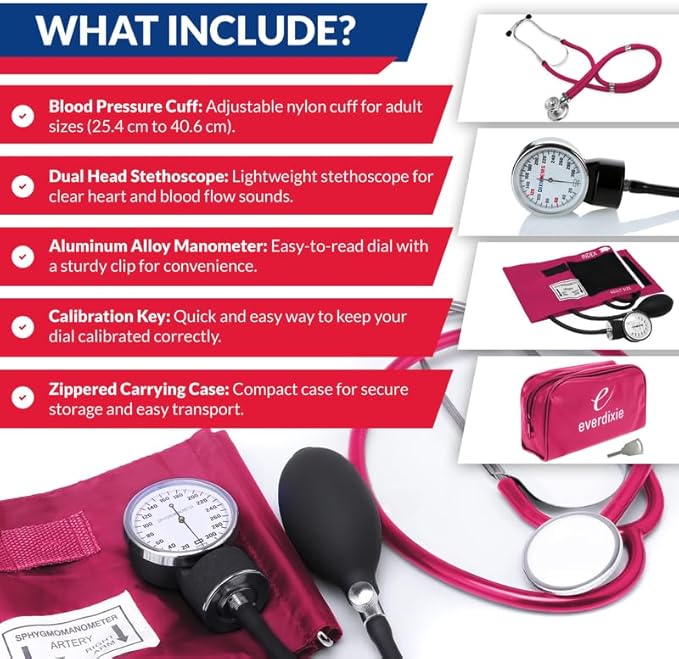 Dixie EMS Aneroid Sphygmomanometer and Dual Head Stethoscope Set with Adult Size Blood Pressure Cuff, Calibration Key and Carrying Case – Pink