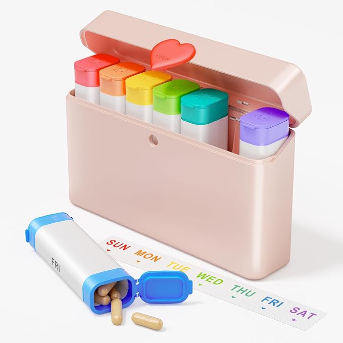 Daviky Pill Organizer 2 Times a Day - Large Capacity Weekly AM PM Pill Box with Heart Latch, 7 Day Travel Pill Case, Cute Medicine Organizer for Medication, Vitamins, Supplements