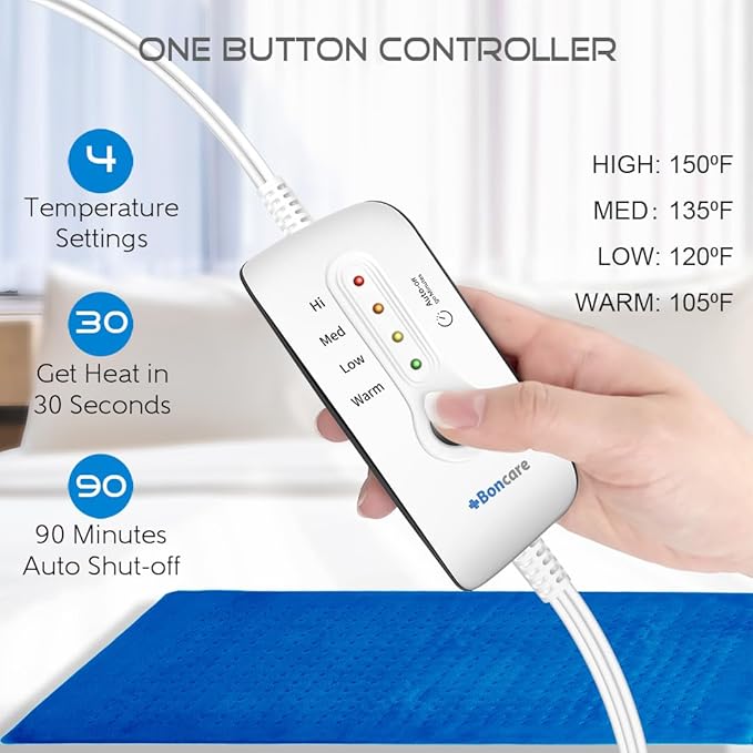 Boncare® Large Heating Pad for Back Pain Relief and Cramps with Auto Shut Off & 4 Temperature Settings, Fast Heat up Instant Comfort and Ultra Soft Velvet Plush Machine Washable (Blue, 12"x24")