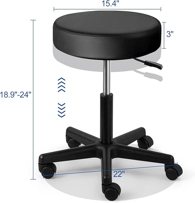 JMU Rolling Stool with Wheels, PVC Leather Large Seat Stool, 400lbs Weight Capacity, Heavy Duty Adjustable Height for Medical Tattoo Office Lab Dentists Healthcare (Black)