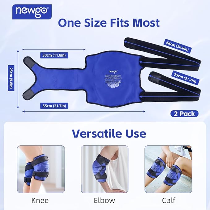 NEWGO Ice Pack for Knees Injuries Reusable, 2 Pack Knee Ice Pack Wraps Around Entire Knees for Replacement Surgery Recovery, Gel Cold Pack Wrap for Meniscus Tear, ACL, Swelling Pain Relief - Blue