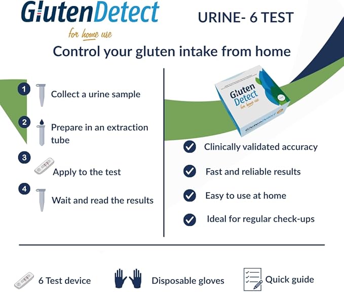 Gluten Detect Kit (6 Tests) - Rapid Home Test for Evaluating Gluten-Free Diet and Accidental Exposure via Urine.