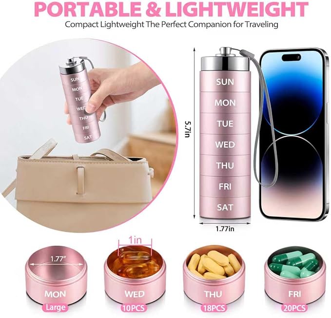 Metal Large Pill Organizer, Travel Weekly Pill Box, Portable Aluminum Alloy Waterproof Container, 7 Day Daily Medicine Organizer Holder for Vitamin, Fish Oil, Supplement Organizer, Pink