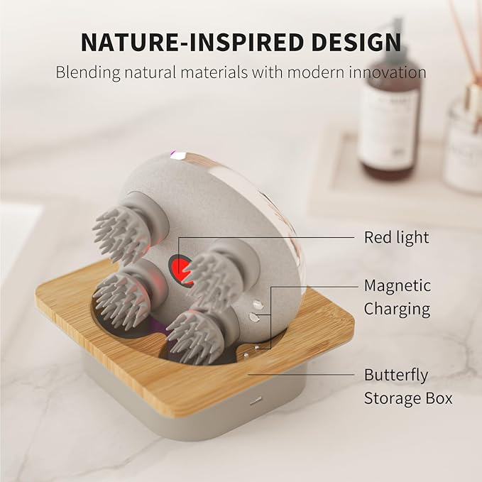 Breo Portable Mini Scalp Massager – IPX7 Waterproof Rechargeable Head Massager for Scalp Relax, Stress Relief Tool with Bamboo Wood Charging Base, Removable Massage Nodes (Silver with Base)
