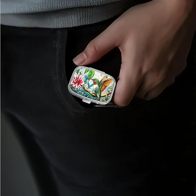 Pill Box-2 Compartment Small Pill Case Portable for Pocket & Purse Single Pill Carrier Pill Container to Hold Vitamins Medication Fish Oil and Supplements BPA-Free(Hummingbird)