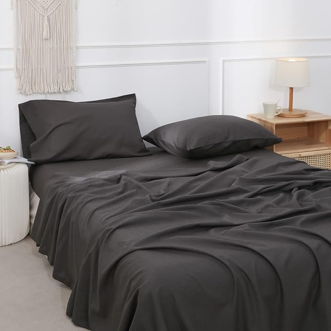 Simple&Opulence Belgian Linen Sheet Set Solid Color - 3 Pieces (1 Flat Sheet, 1 Fitted Sheet & 1 Pillowcase) Natural Flax Cotton Blend Soft Breathable Farmhouse Bedding - Twin Size, Dark Grey