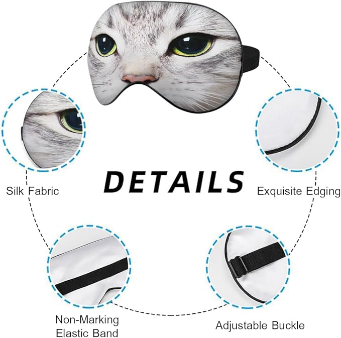Cat Silk Eye Mask Sleep Mask Cute Funny Kitten Big Green Eyes Animal Pet Eye Mask with Adjustable Strap Lightweight for Women Work Travel Night Sleep