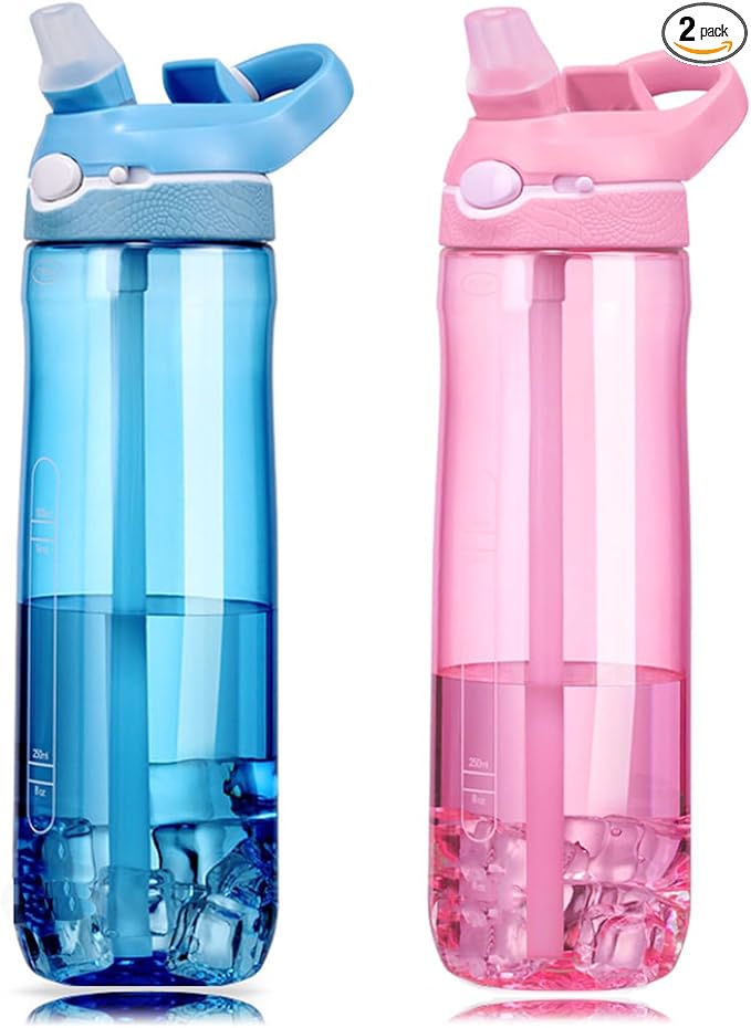 DEARART 2-Pack 24oz Light Blue & Pink Water Bottles With Straw, Leakproof BPA FREE Hidden Nozzle, Flip Up Lid Has Handle Wide Bottle Easy Clear, Suit Office Yoga Outdoor Sports Travel Gym.
