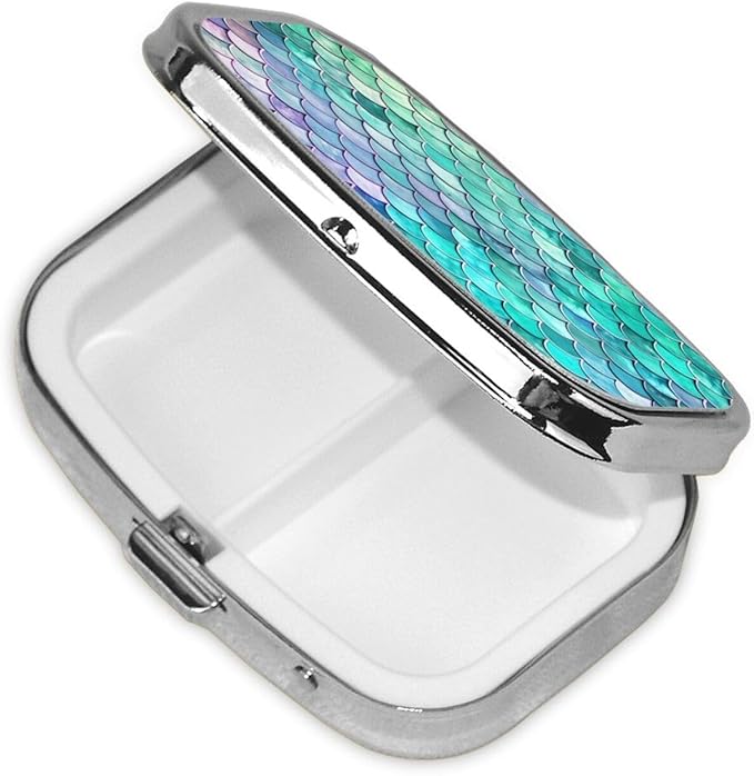 Mermaid Fish Scales Print Square Metal Pill Box with 2 Compartment for Pocket or Purse Travel Bag Small Size 2.2 inche