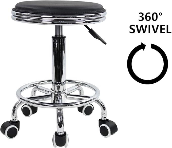 KKTONER Round Rolling Stool with Foot Rest PU Leather Height Adjustment Modern Industrial Metal Style Swivel Spa Salon Tattoo Work Massage Stools Small (Black)