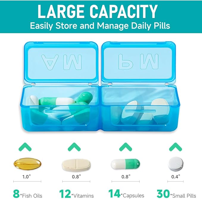 Monthly Pill Organizer 2 Times a Day, Portable AM PM Pill Box with Weekly Travel Bag, Large Capacity Medicine Organizer with Labels, 30 Day Pill Case & Pill Cutter for Medication Management (Blue)