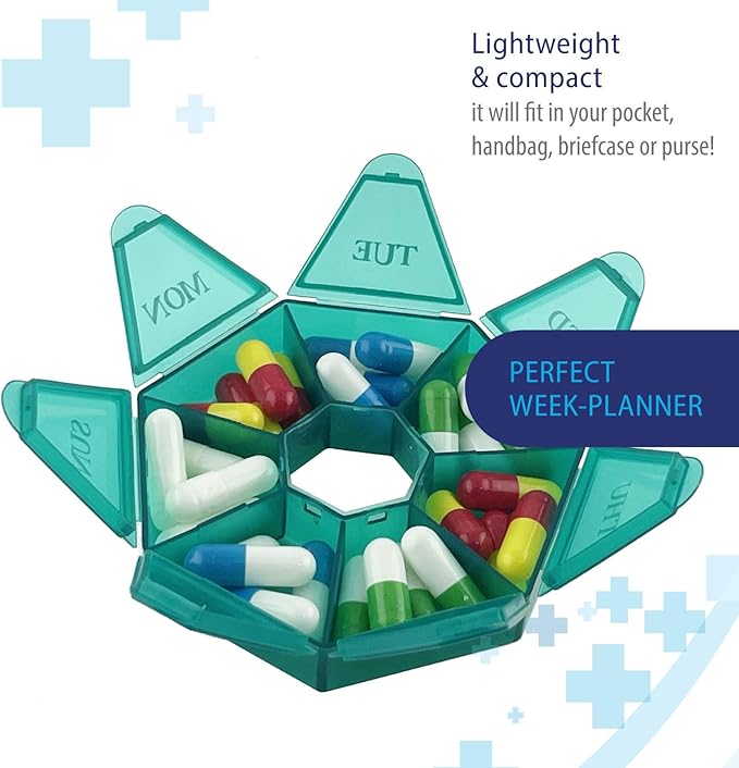 Deke Home - Small Weekly Pill Organizer (2 Pack), Round Pill Dispenser for Travel, Mini Pill Organizer, Compact Medicine Holder, Pill Sorters 7 Days, Portable Vitamin Container, BPA Free (Food Grade)