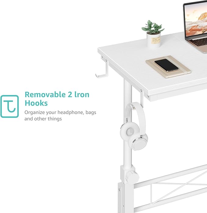 Small Portable Treadmill Walking Pad Desk on Wheels, 32 Inch White Adjustable Height Mobile Rolling Standing Teacher Desks, Couch Sofa Side Laptop Stand Up Table for Bedroom, White