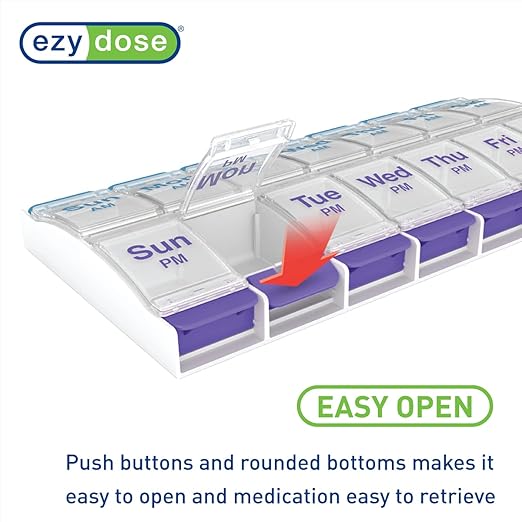 EZY DOSE Push Button (7-Day) Pill Case, Medicine Planner, Daily Vitamin Organizer, 2 Times a Day AM/PM, X-Large Compartments, Arthritis Friendly, Easy to use, Clear Lids, Purple and Blue, BPA Free