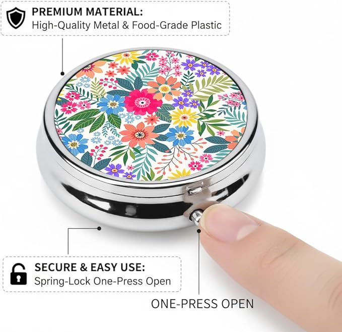 Retro Flowers Pill Box 3 Compartment Small Pill Case,Portable for Pocket or Purse Pill Organizer Pill Container Holder with Mirror to Hold Vitamins, Medication, Fish Oil and Supplements