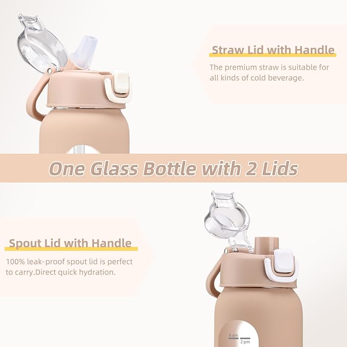 32 oz Glass Water Bottles with 2 Lids-Handle Spout Lid & Straw Lid, 1 Liter Motivational Borosilicate Water Bottle with Time Marker and Silicone Sleeve,Leakproof-Amber-1 Pack