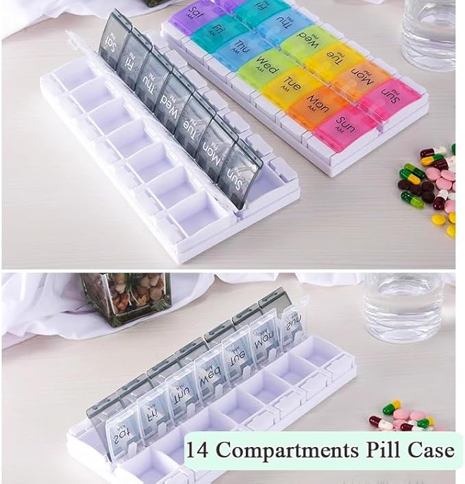 7-Day Weekly Pill Case, Daily Medicine Box Planner, Portable Vitamin Organizer Dispenser, AM/PM, Large 14 Compartments Capsule Fish Oil Tablet Container, Black and Transparent Lids, BPA Free