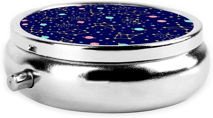 Blue Zodiac Galaxy Starry Night Stars Glow in The Dark Midnight Custom Round Silver Pill Box Pocket Medicine Tablet Holder Organizer Case for Purse