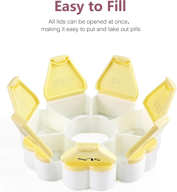 MOLN HYMY Large Weekly Pill Box 7 Day, Pill Case Organizer, Flower Pill Container Once Daily, Round Medicine Dispenser for Vitamin/Fish Oil/Medication/Supplement (Yellow)
