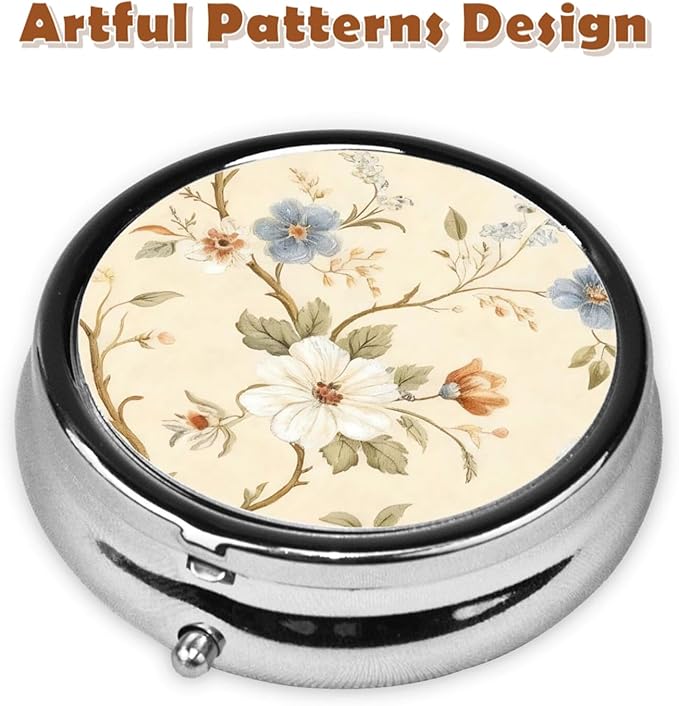 Metal Pill Organizer - 3-Compartment Mini Round Pill Case for Pocket & Purse, Portable Vitamin Holder, Easy-Open Design for Travel - Yellow Flower Floral