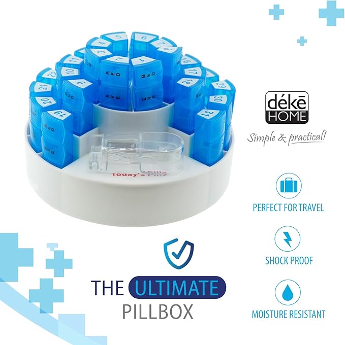Deke Home - 31 Day Monthly Pill Organizer XL with Pill Cutter, BPA-Free, 4 Times a Day (AM PM), Large Pill Box for Multiple Daily Doses, Removable Compartments, Hard Case Travel Dispenser