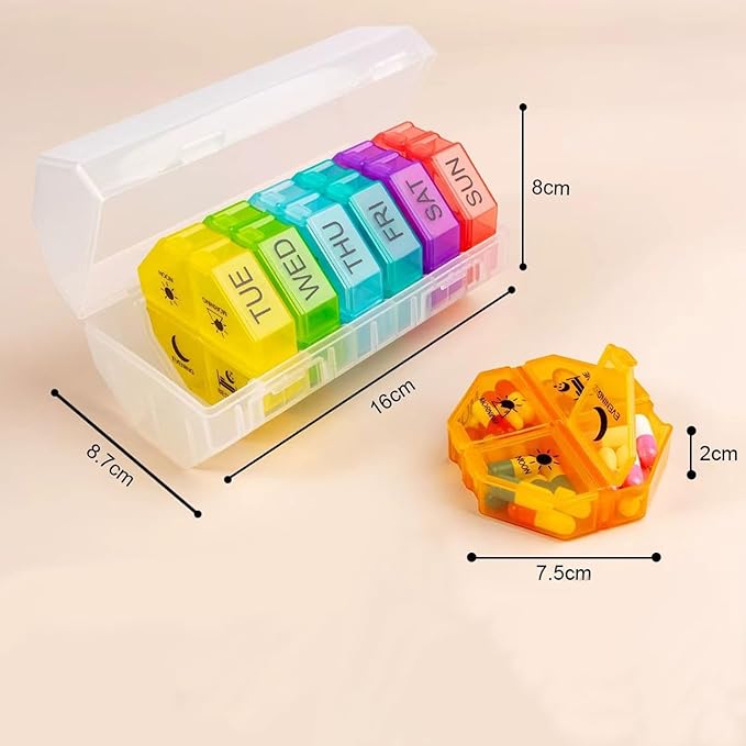 Weekly Pill Organizer 4 Time a Day，Pill Dispensers， Pill Box 7 Day with 28 Extra Large Compartments Portable Travel ，4 Times a Day Pill Case, for Medication/Vitamins/Fish Oils (Transparent +Colorful)