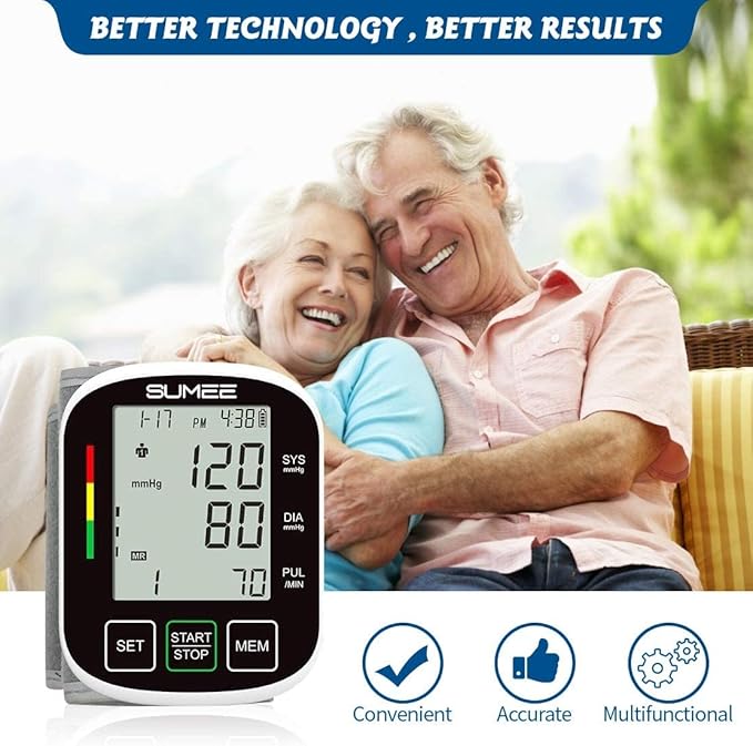Wrist Blood Pressure Monitor Automatic BP Machine with Large Backlit Display Heart Rate Monitors 2x99 Readings 5.3-7.7in Adjustable Cuff for Home Use,Include Carrying Case and 2AAA Batteries-Black