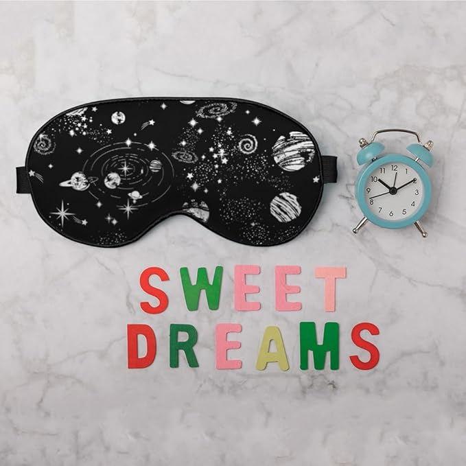 Space Galaxy Sleep Eye Mask Universe Star Moon Planets Constellation Black Silk Eye Mask Sleeping Soft for Men Women Boy Girl Airplane Travel with Elastic Strap