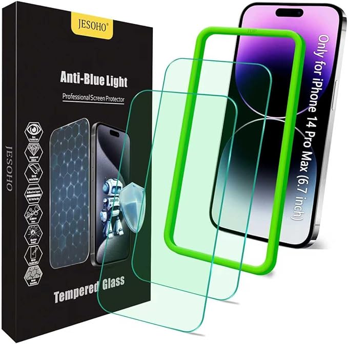 Blue Light Screen Protector for iPhone 14 Pro Max (6.7"), Eye Protection, HD Blue Light Blocking Tempered Glass Film, No Bubble, with Easy Installation Kit 2 Pack