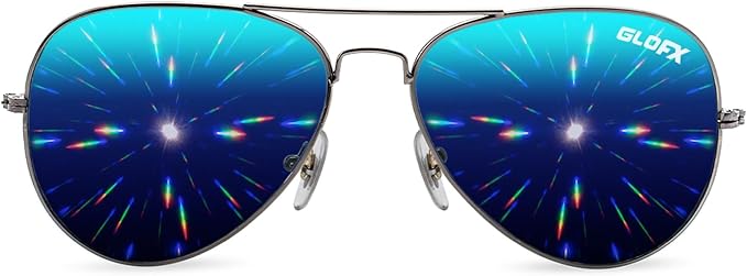GloFX Diffraction Glasses | Hippie and Pilot Style Metal Frames with Mirror Lens and 3D Prism Rainbow Effect