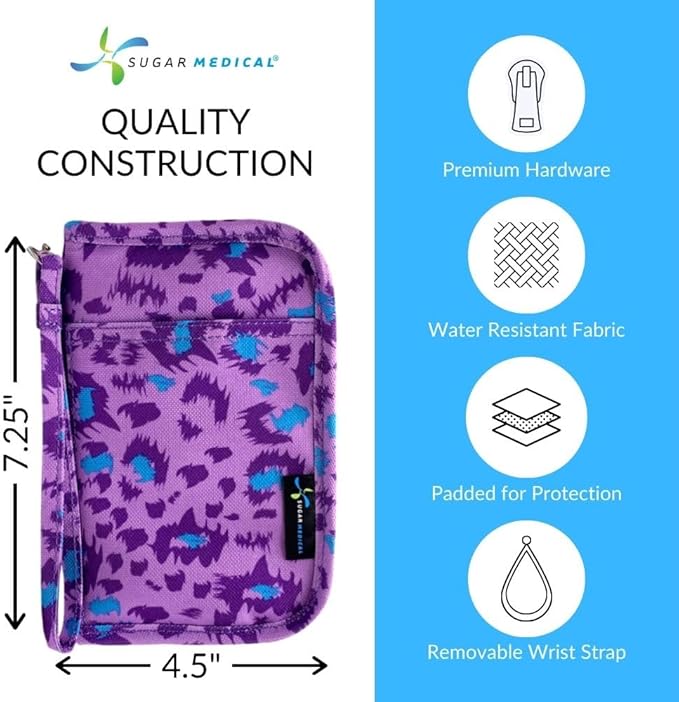 Sugar Medical Diabetes Supply Case | Medical Supplies Travel Bag | Glucose Meter Organizer | Diabetic Care Products | Glucometer Kit (Purple Leopard)