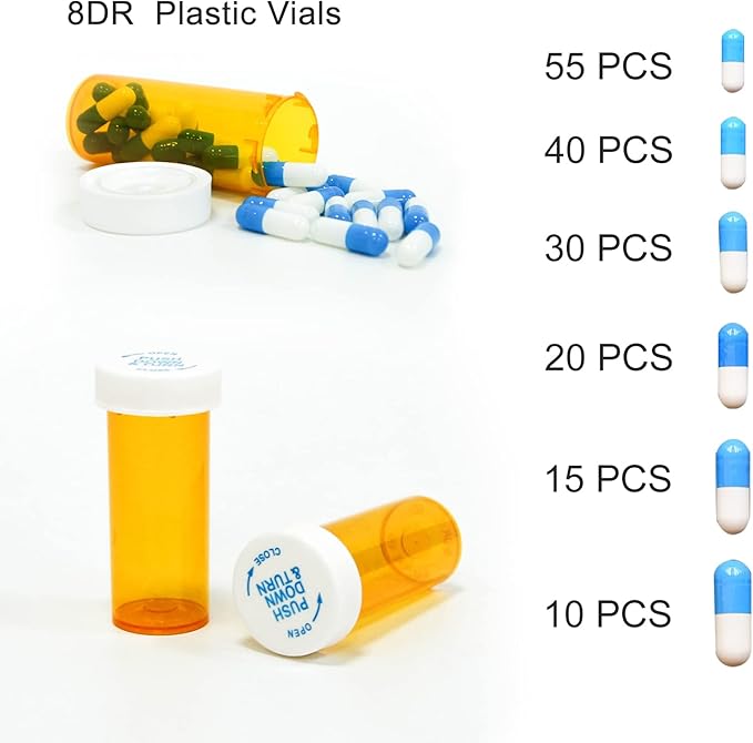Pill Bottles with Child Resistant Cap, Prescription Vials - Push Down and Turn - Empty Medicine Plastic Containers Safety Cover for Personal Medication & Pharmacy (8dram, Amber, 12pcs)