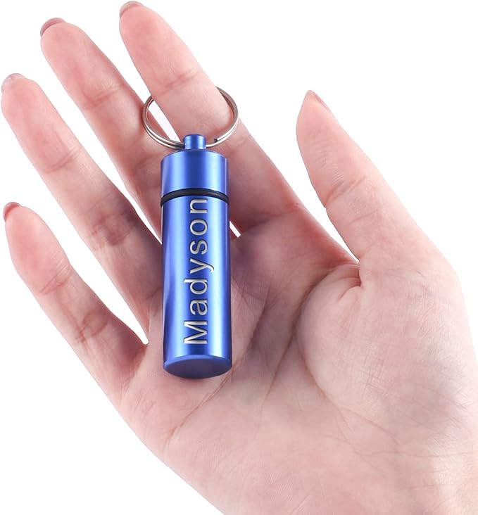 Pill Box Keychain OXYEFEI Portable Aluminum Alloy Mini Pill Box Storage Box Suitable for Outdoor Travel Wallet Pocket Pill Case (Blue)